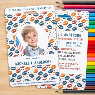 Child Emergency ID Football Pattern Kids Photo  ID Badge