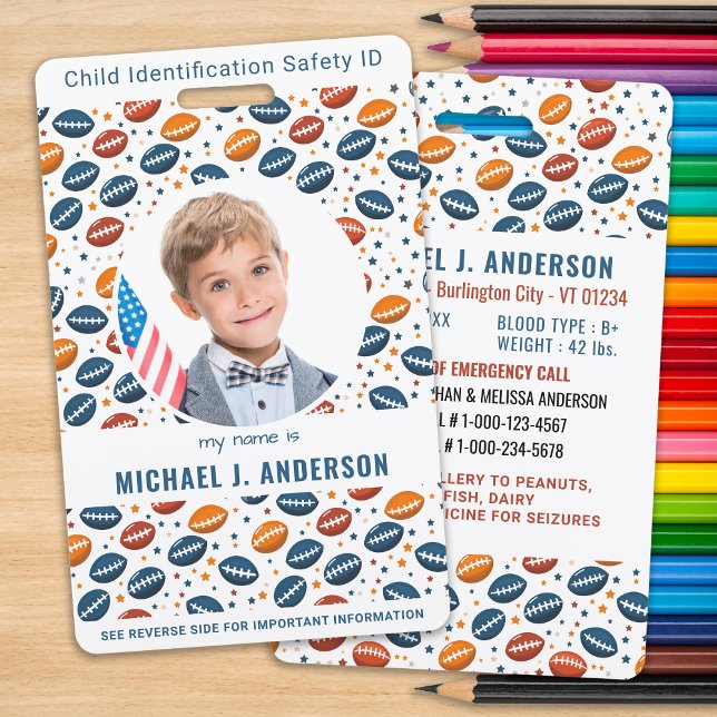 Child Emergency ID Football Pattern Kids Photo  ID Badge (Creator Uploaded)