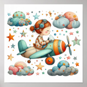 Child Flying a Propeller Plane Whimsical Nursery  Poster