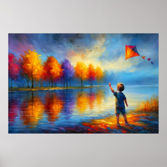 Child Flying Kite by Autumn River Poster (Front)