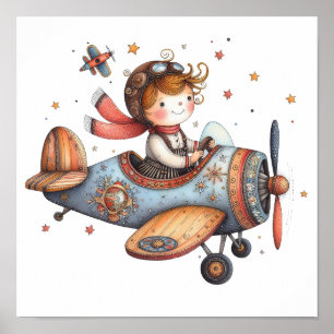 Child Flying Old Aeroplane Whimsical Nursery Art Poster