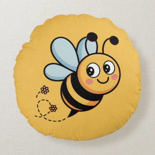 Child-Friendly Bee Mascot with Dotted Trail Round Cushion