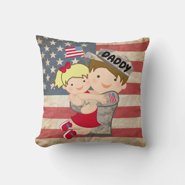 Child girl, daughter, Hugging Soldier Dad Pillow (Front)