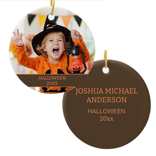Child Grandchild Halloween Photo Name Date Ceramic Tree Decoration (Halloween photo ornament)