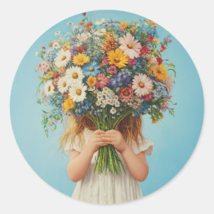 Child Holding a Lush Wildflower Bouquet Classic Round Sticker
