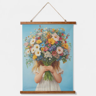Child Holding a Lush Wildflower Bouquet Hanging Tapestry
