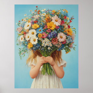 Child Holding a Lush Wildflower Bouquet Poster