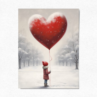 Child holding balloon heart, Cute Winter Scene Postcard