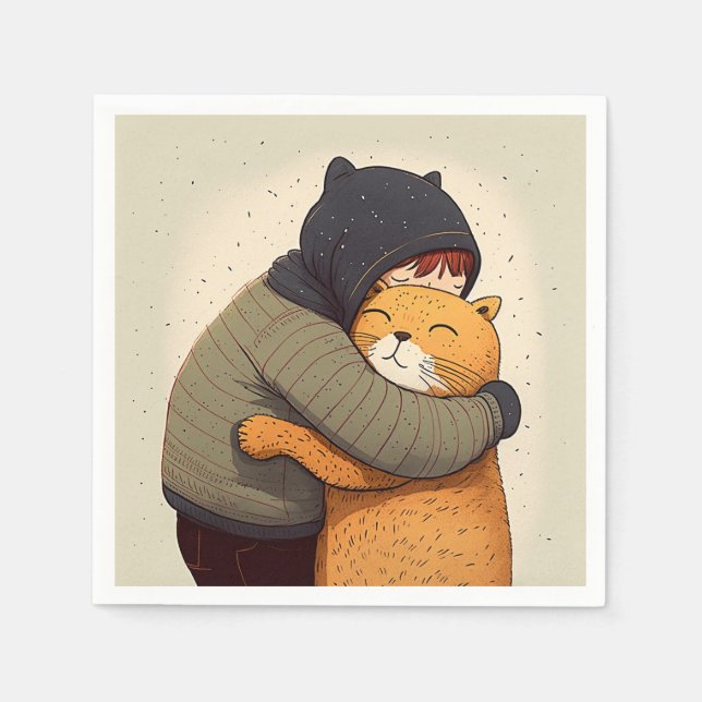 Child hugs cute ginger cat. Kid and funny animal  Napkin (Front)