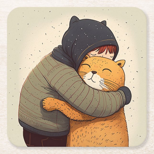 Child hugs cute ginger cat. Kid and funny animal Square Paper Coaster (Front)