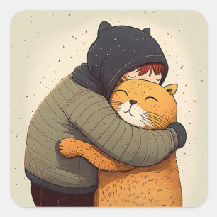Child hugs cute ginger cat. Kid and funny animal  Square Sticker