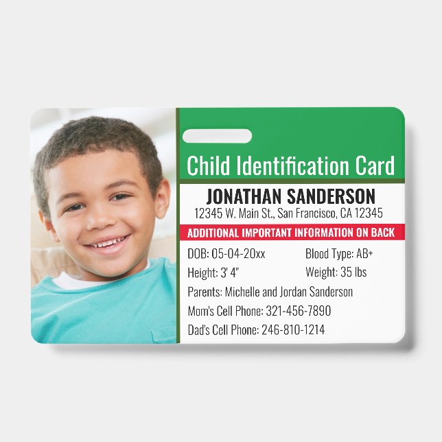 Child ID Emergency Allergy Photo Identification Badge (Front)