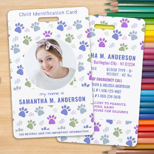 Child ID Emergency Card Cute Paw Prints Photo  Badge