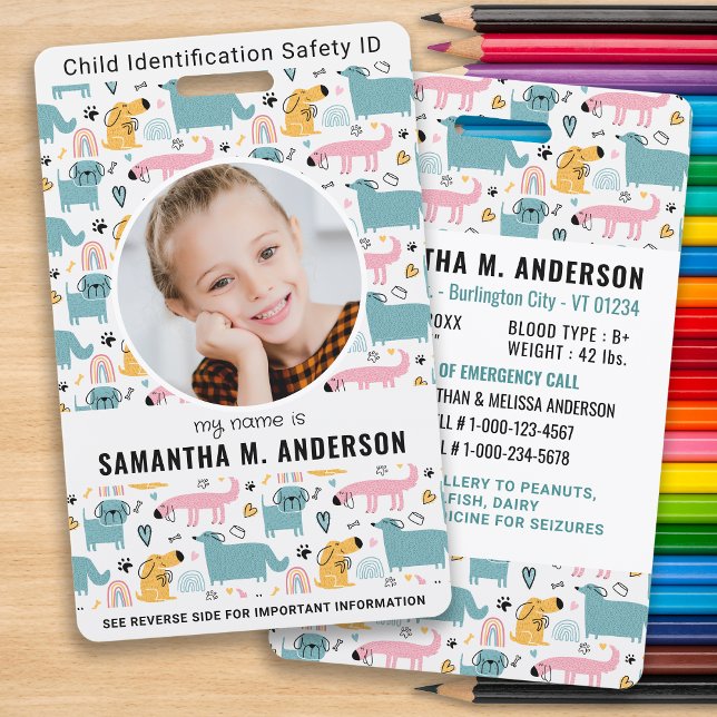 Child ID Emergency Cute Dogs Kids Identification  ID Badge (Creator Uploaded)