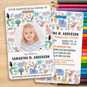 Child ID Emergency Cute Fun Animals Kids Photo ID Badge