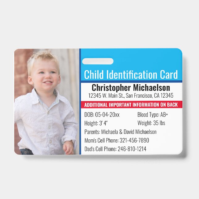 Child ID Identification Emergency Allergy Photo Badge (Front)