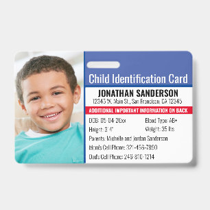 Child ID Identification Emergency Allergy Photo Badge