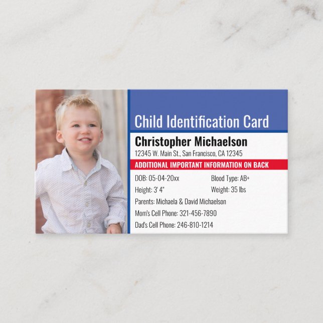 Child ID Identification Emergency Allergy Photo Business Card (Front)