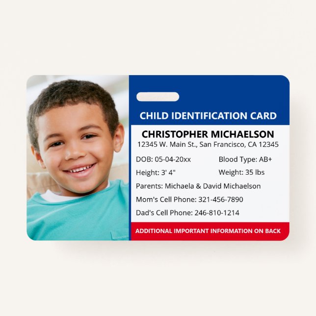 Child ID Identification Emergency Allergy Photo ID Badge (Front)
