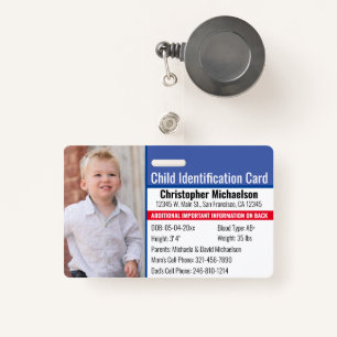 Child ID Identification Emergency Allergy Photo ID Badge