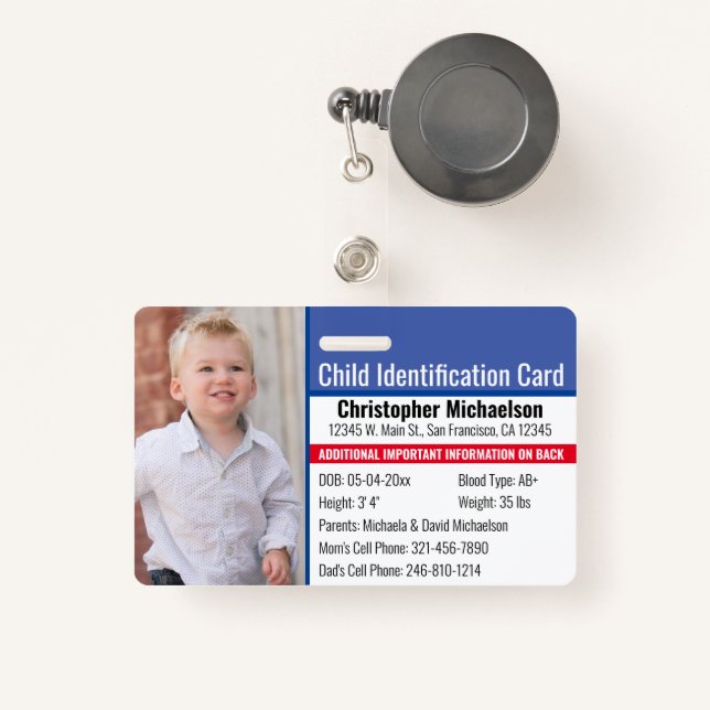 Child ID Identification Emergency Allergy Photo ID Badge (Front with Retractable)