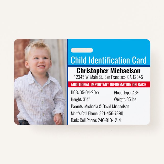 Child ID Identification Emergency Allergy Photo ID Badge (Front)