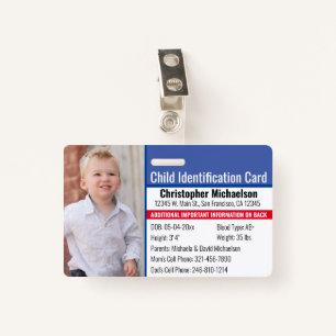 Child ID Identification Emergency Allergy Photo ID Badge