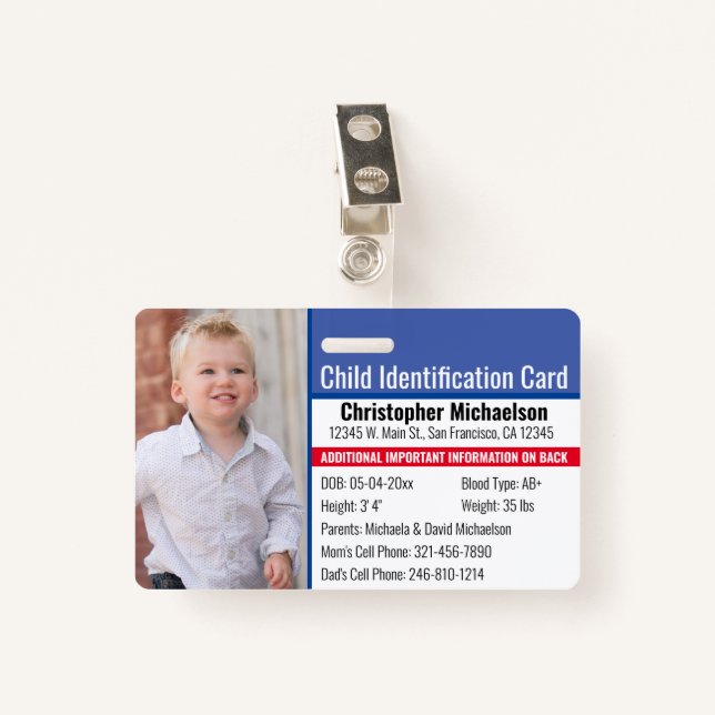 Child ID Identification Emergency Allergy Photo ID Badge (Front with Clip)