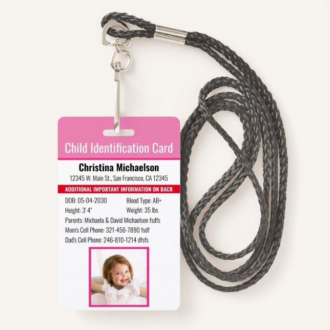 Child ID Identification Emergency Allergy Photo ID Badge (Front with Lanyard)