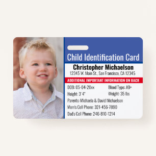 Child ID Identification Emergency Allergy Photo ID Badge