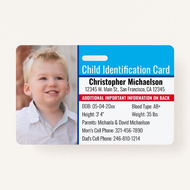 Child ID Identification Emergency Allergy Photo ID Badge (Front)