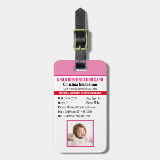 Child ID Identification Emergency Allergy Photo Luggage Tag (Front Vertical)
