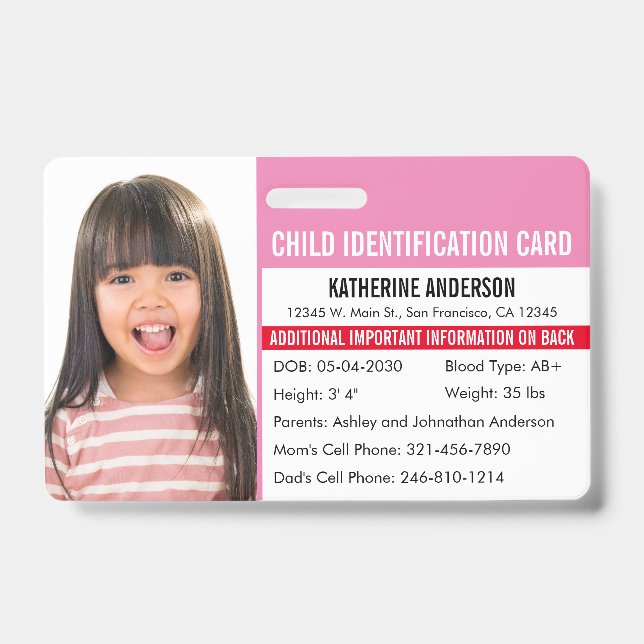 Child ID Medical Identification Emergency Allergy Badge (Front)