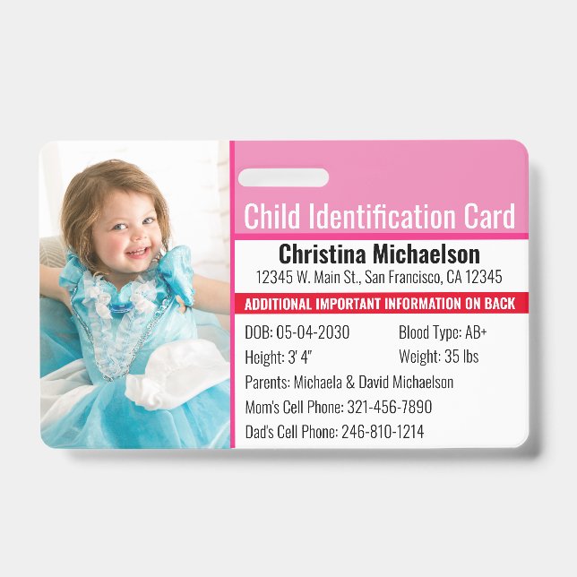 Child ID Photo Identification Emergency Allergy Badge (Front)