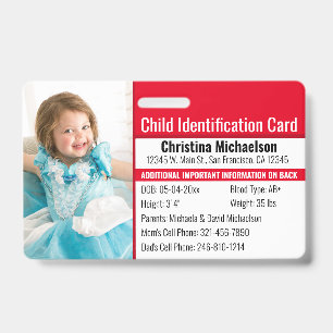 Child ID Photo Identification Emergency Allergy Badge