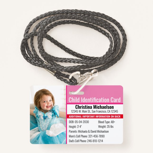 Child ID Photo Identification Emergency Allergy ID Badge (Front with Lanyard)