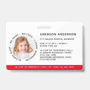 Child Identification Allergy Alert Emergency ID Badge