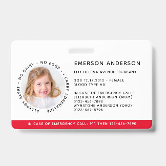 Child Identification Allergy Alert Emergency ID Badge