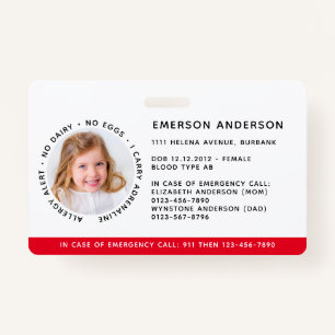 Child Identification Allergy Alert Emergency ID ID Badge