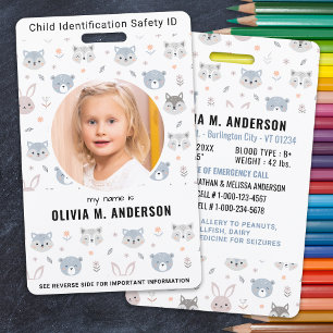 Child Identification Emergency Cute Animals Photo ID Badge