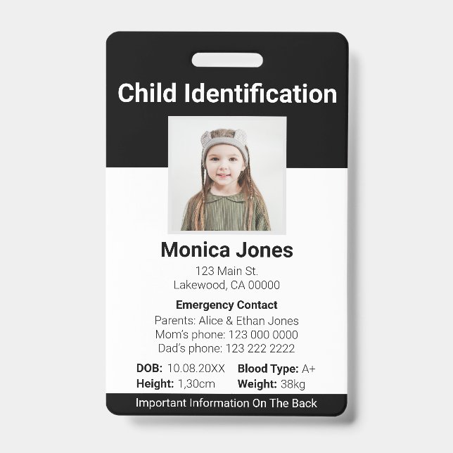 Child Identification Photo Black ID Badge (Front)