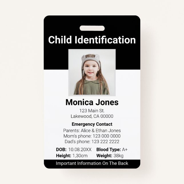 Child Identification Photo Black ID Badge (Front)