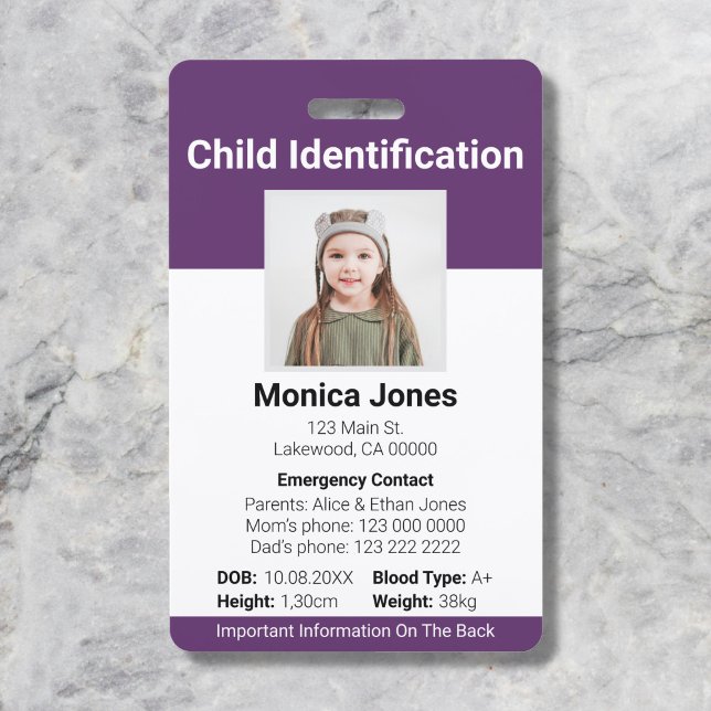 Child Identification Photo Purple ID Badge (Creator Uploaded)
