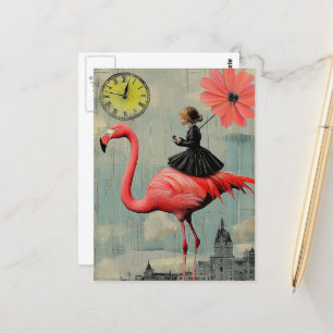 Child in a Black Dress Rides on a Pink Flamingo Postcard
