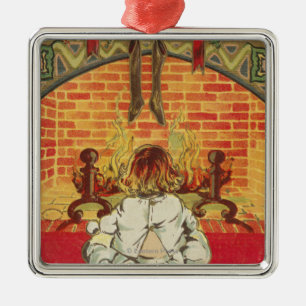 Child in Front of Fireplace Metal Tree Decoration