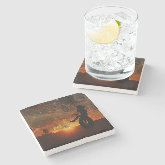 Child In Tire Swing Stone Coaster (Side)