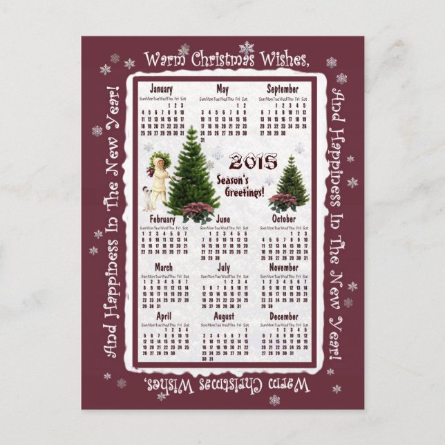 Child & Jack Russell Pink Poinsettia 2015 Calendar Holiday Postcard (Front)