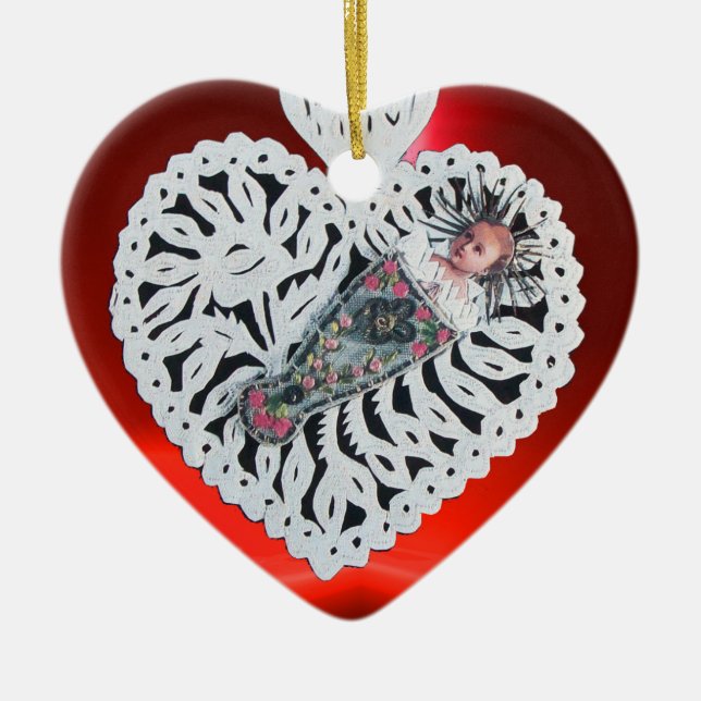 Child Jesus,Antique Christmas Heart Paper Carving Ceramic Tree Decoration (Front)