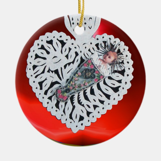 Child Jesus,Antique Christmas Heart Paper Carving Ceramic Tree Decoration (Front)