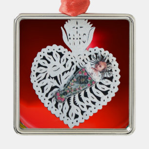 Child Jesus,Antique Christmas Heart Paper Carving Metal Tree Decoration